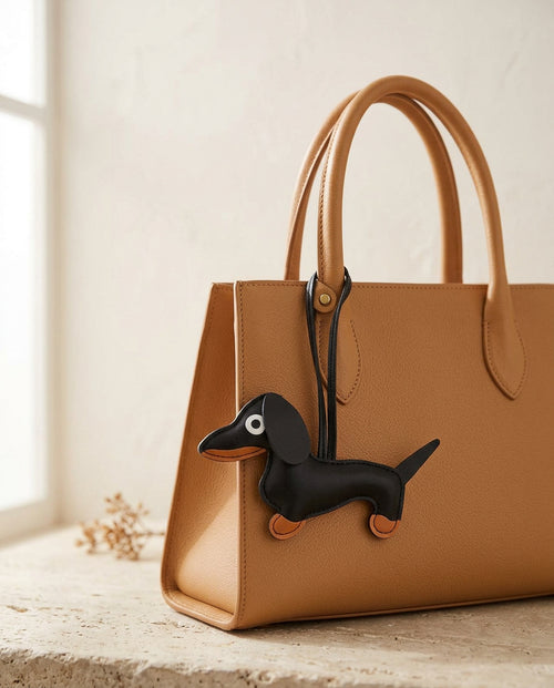 The Dachshund Charm in black on a camel leather tote